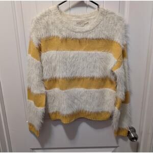 Chelsea & Violet Womens M Cropped Yellow White Striped Crewneck Pullover Sweater